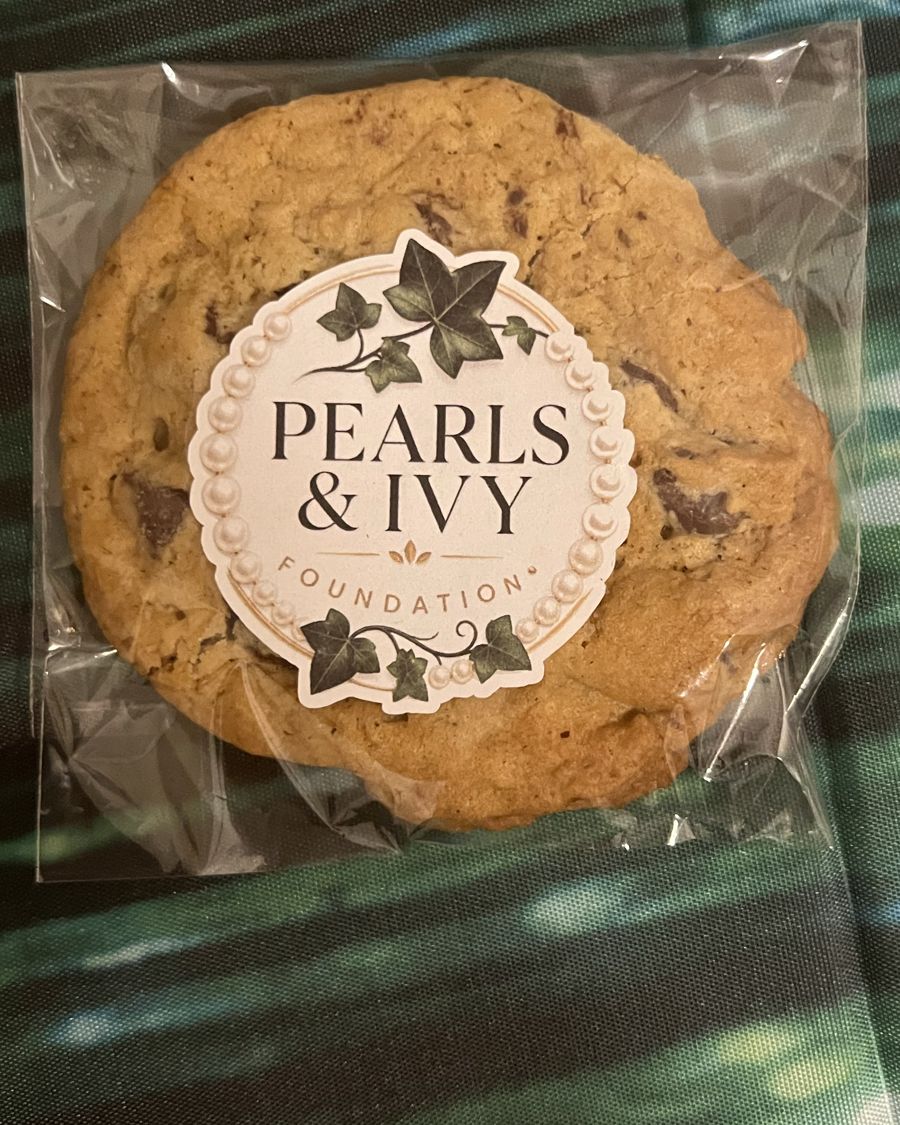 Chocolate chip cookie wrapped with a Pearls & Ivy sticker